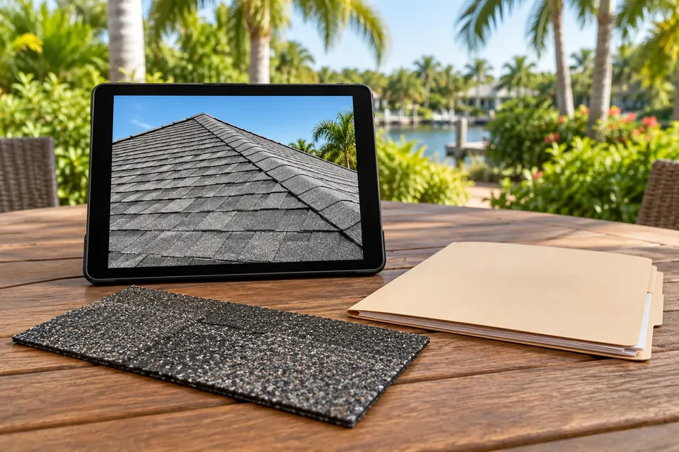 Illustration of a tablet displaying a roof photo beside a closed folder and shingle sample