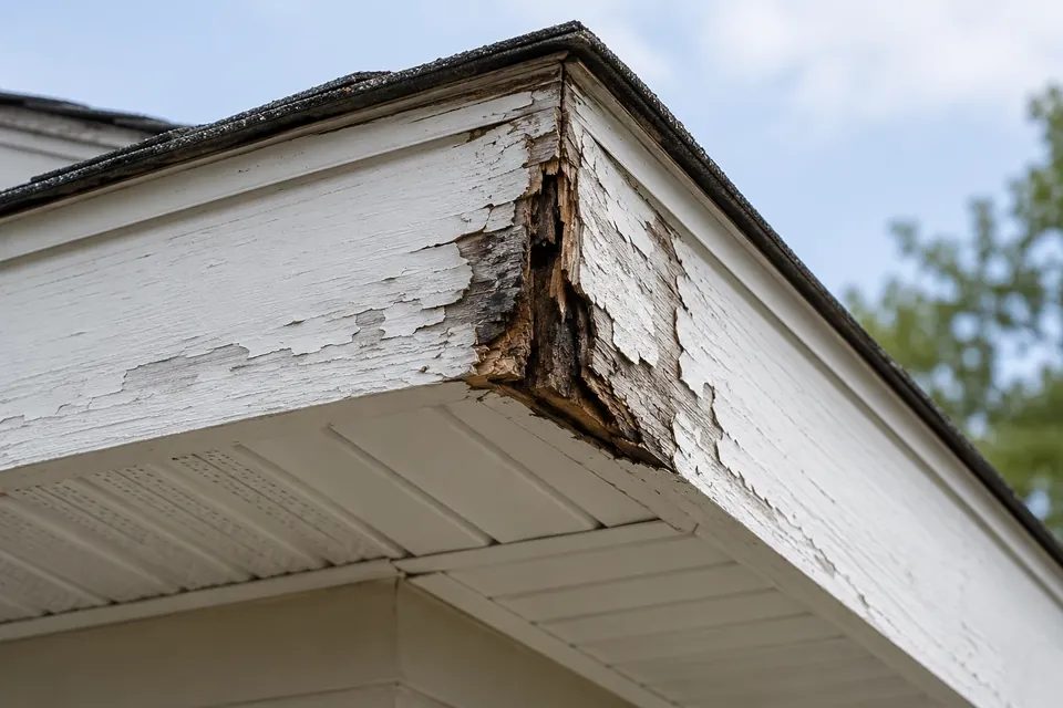 Illustration of peeling paint and deteriorated wood at a fascia corner above soffit panels