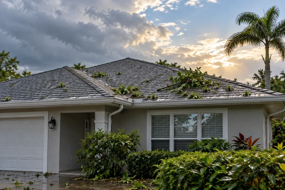Illustration of branches and leaves on a wet shingle roof after a storm