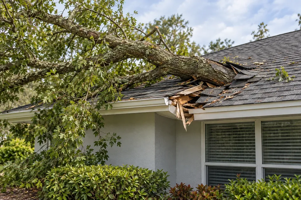 Illustration of a fallen tree limb damaging a shingle roof and eave