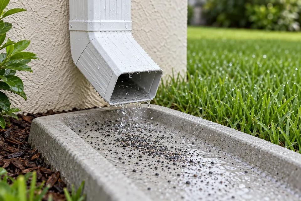 Illustration of dark mineral grains on a splash block below a rain downspout