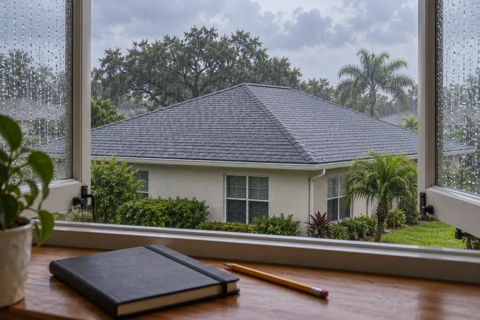 Illustration of a shingle-roofed Florida home in rain, viewed from an indoor window