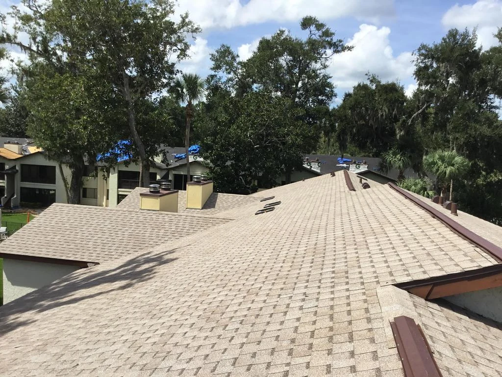 Completed shingle roof with several roof planes and roof vents